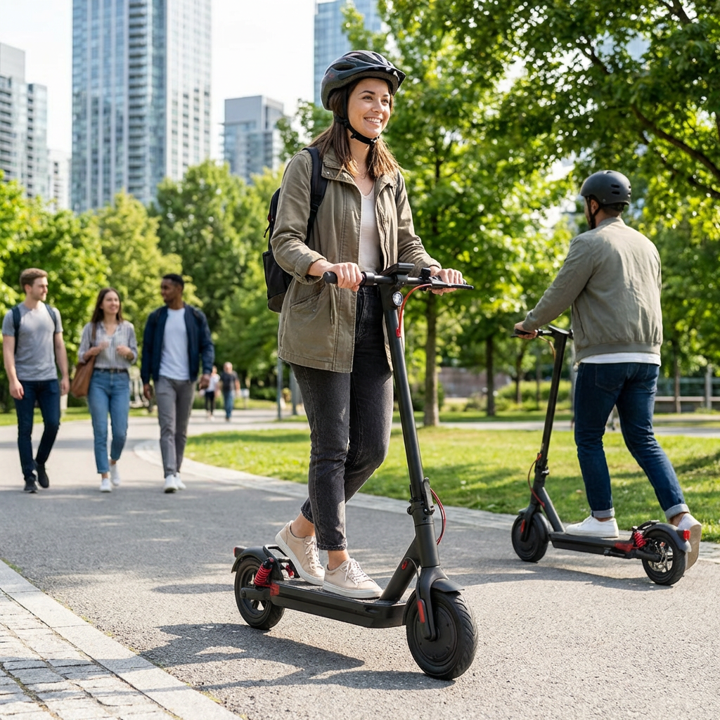 Woman using a Sharp e-scooter in the city