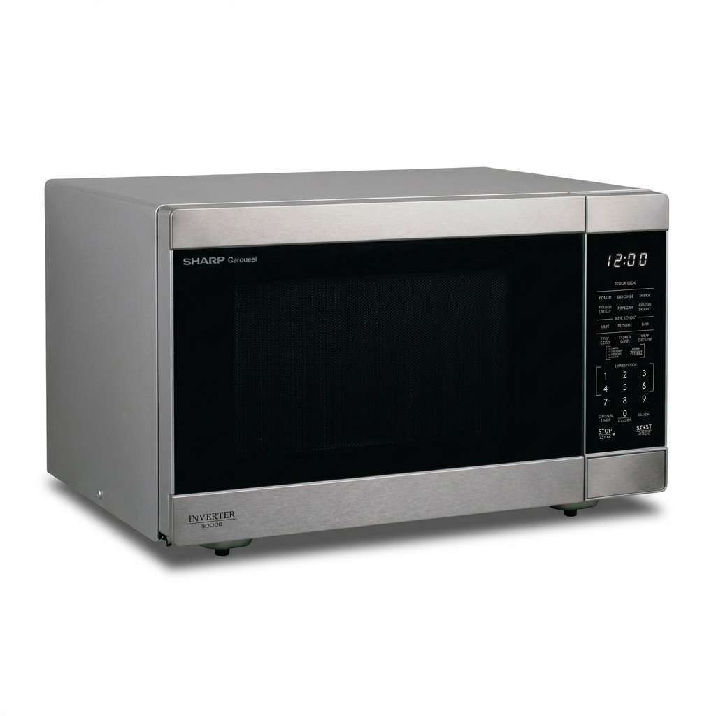 Photorealistic studio photo of the Sharp SMC1664KSC stainless steel microwave, angled to show the left side on a white background with a soft shadow.