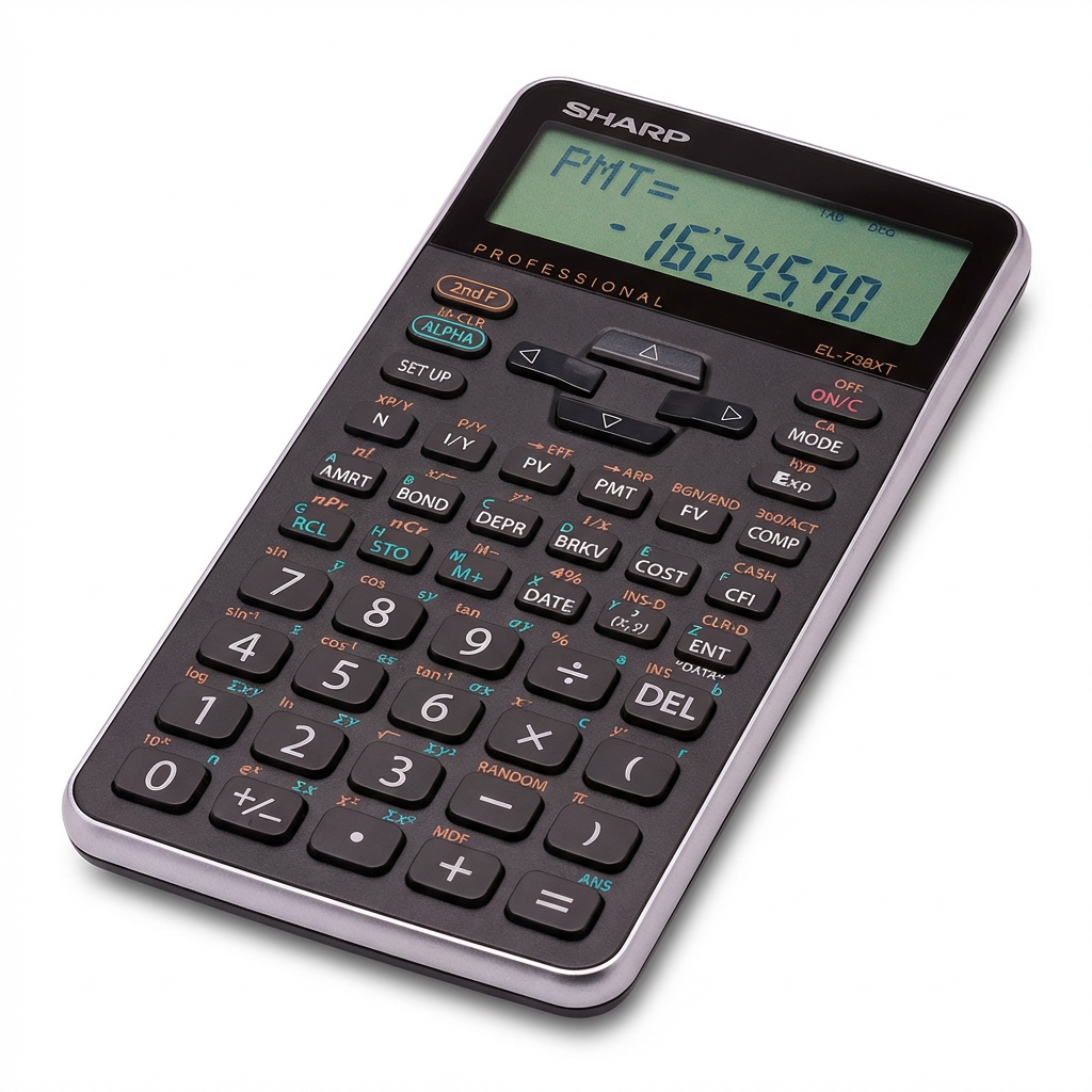 A studio photograph of the SHARP EL738XT Financial Calculator on a white background, angled to show the left side and front with a soft shadow.
