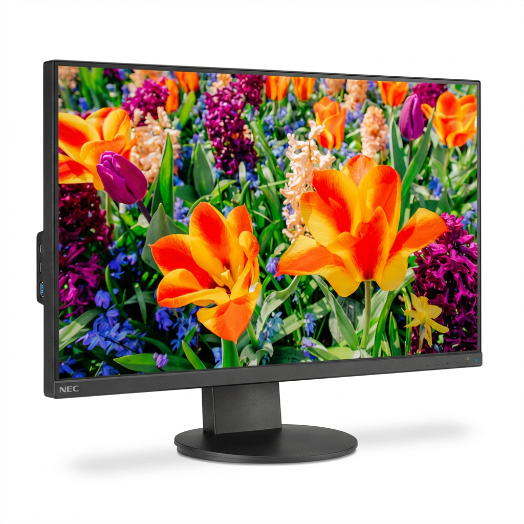 A photorealistic studio product photo of the SHARP/NEC E243F -BK monitor angled to show its left side, centered on a pure white background with a soft shadow.