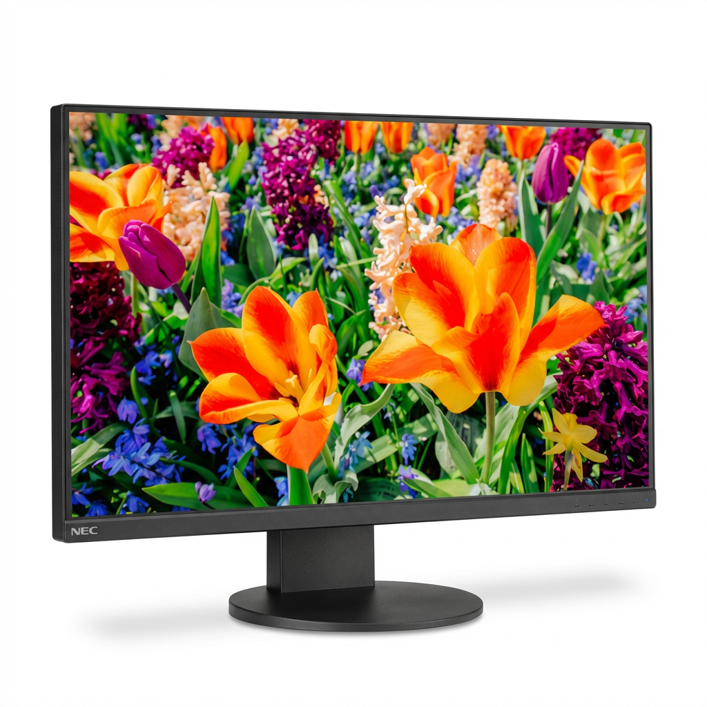 A photorealistic studio product shot of the SHARP/NEC E243F-BK 24" Desktop Monitor, angled to the right on a white background with a soft shadow.