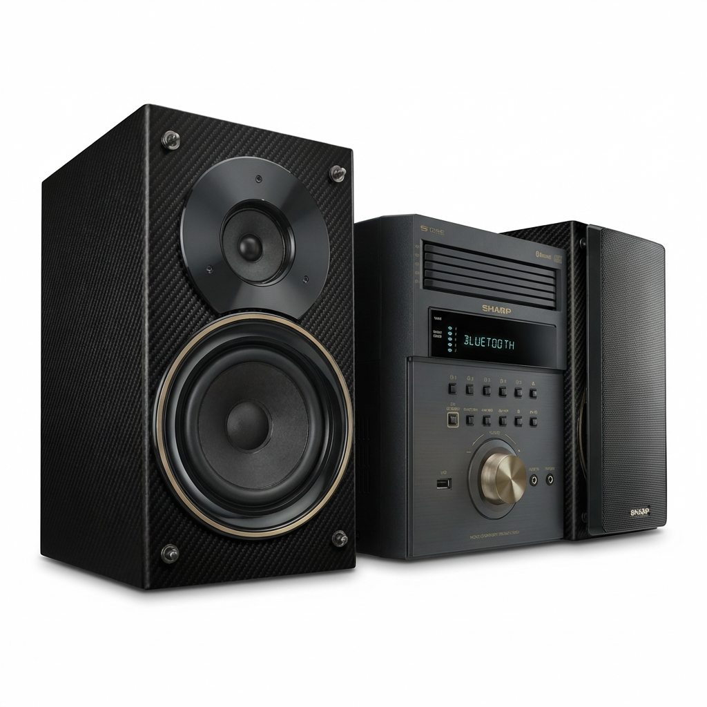 A studio photograph of the SHARP XL-BH250 Limited Edition 5-Disc Bluetooth Speaker Audio System with carbon fiber and champagne gold finish. The system is centered on a pure white background and angled to show the left speaker prominently, with a soft natural shadow beneath.