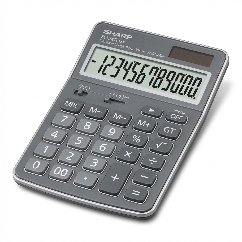 Photorealistic studio photograph of the SHARP EL124TBGY Twin Power calculator, angled from the left on a white background. The grey body , silver trim, and all buttons are clearly visible with a soft shadow.