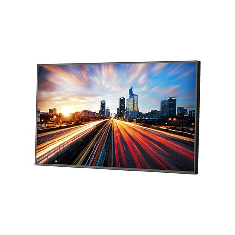 SHARP/NEC 24-inch ultra-narrow bezel monitor displaying a city landscape with vibrant light trails.