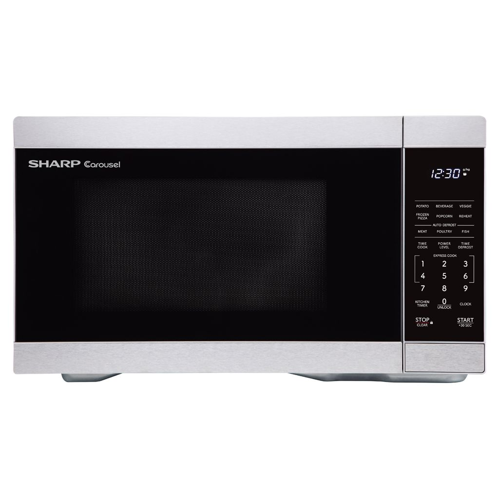 SHARP SMC1162KSC stainless steel countertop microwave with a black door and digital display.
