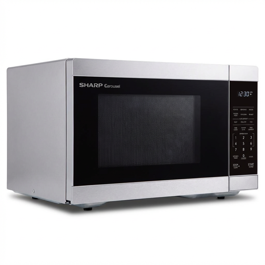 A photorealistic studio photo of the SHARP SMC1162KSC stainless steel microwave, angled from the left on a white background with a soft shadow.