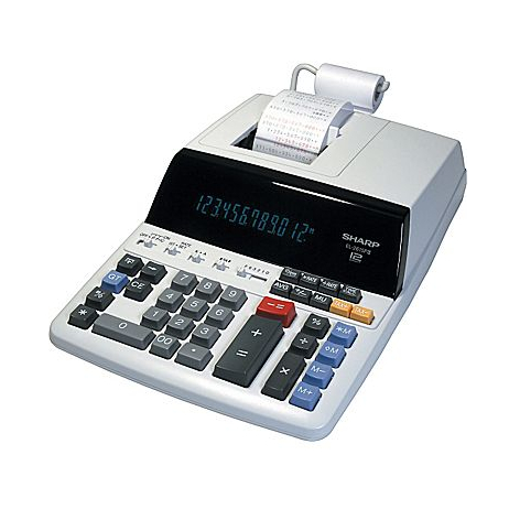 Sharp EL2615PIII 12-digit 2-color printing calculator with paper roll and large digital display.