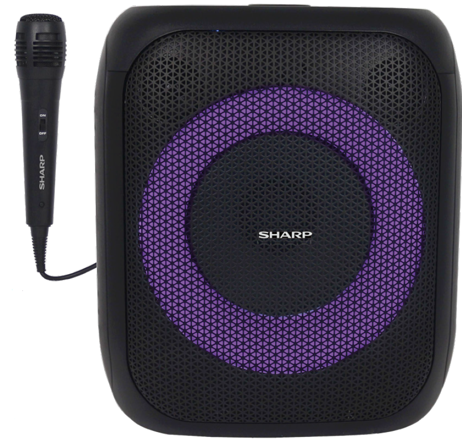 Sharp PS-914 portable party speaker with a purple LED ring and included wired microphone.