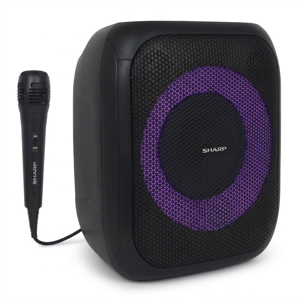 A photorealistic studio product photo of the Sharp Compact Party Speaker and wired microphone, angled to show the left side on a pure white background.