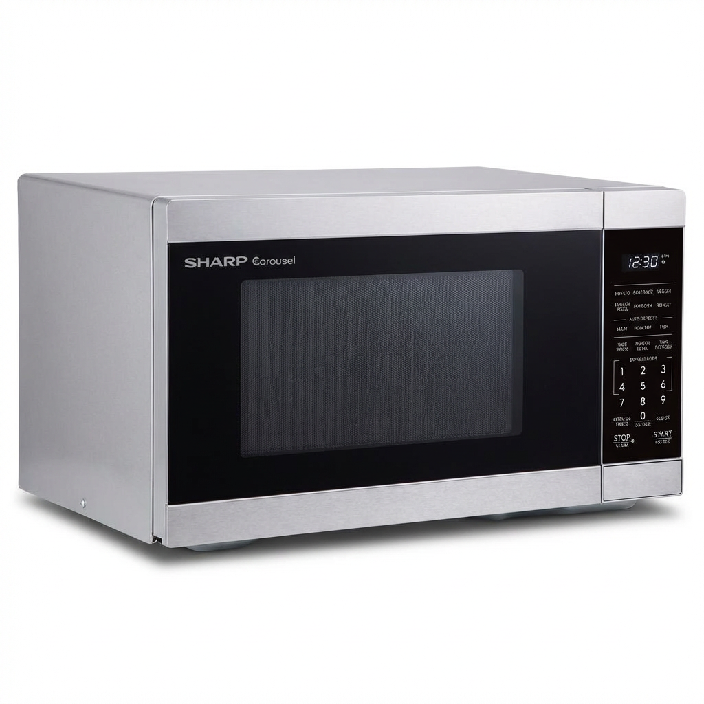 A studio product photograph showing the SHARP SMC0962KSC stainless steel microwave oven angled to view the left side and front.