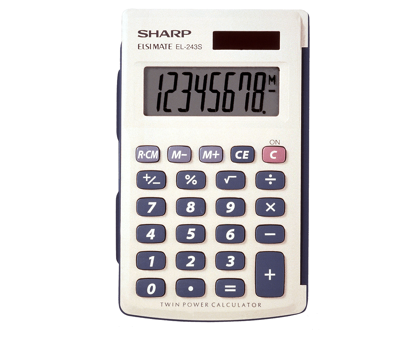 White Sharp EL243S 8-digit hand-held calculator with solar panel and battery power.