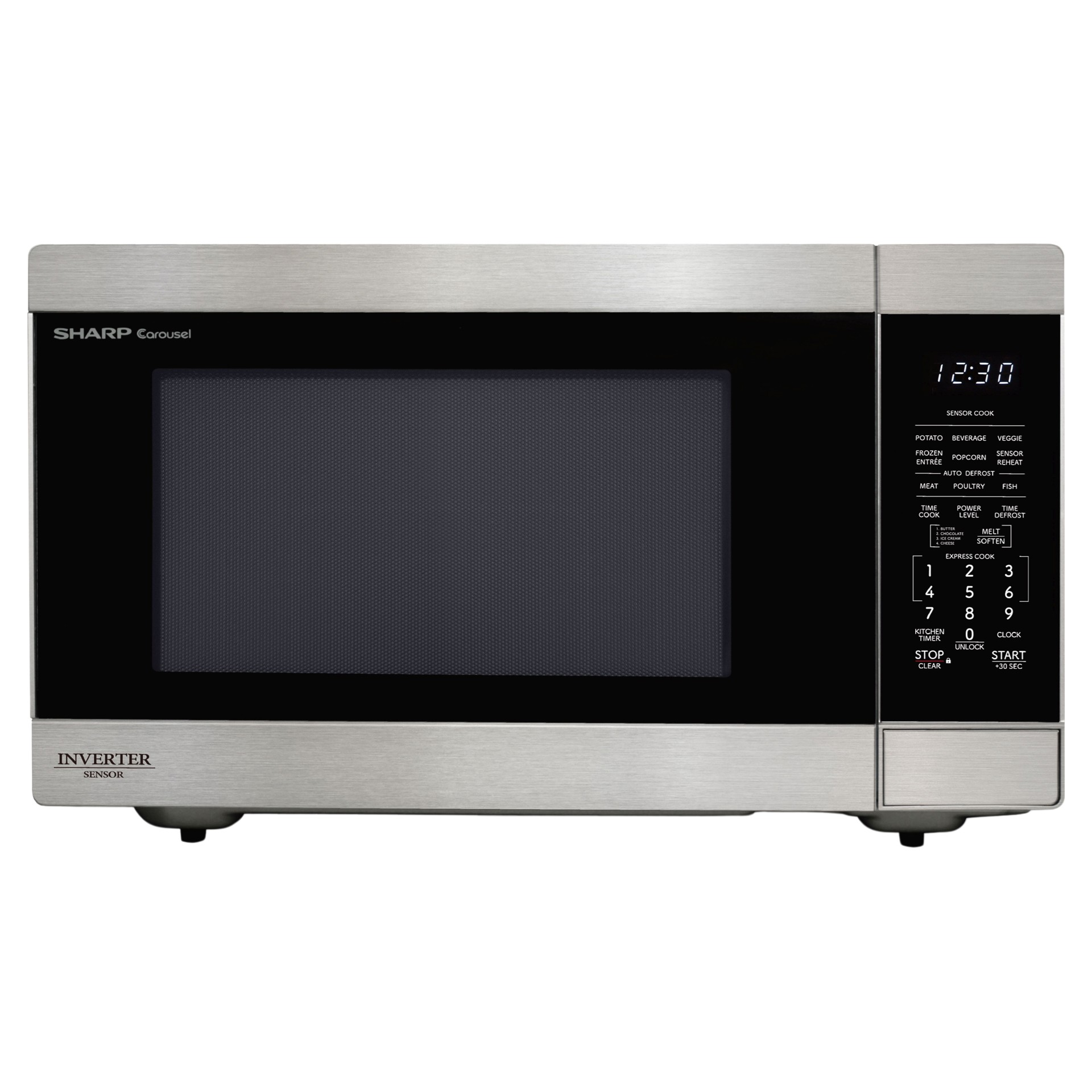 Sharp XL 2.2 cu. ft. stainless steel Inverter Sensor microwave with digital control panel.