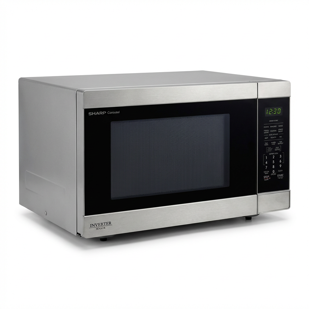 A studio photograph of the SHARP SMC2264KSC stainless steel countertop microwave, angled to show its left side and front.
