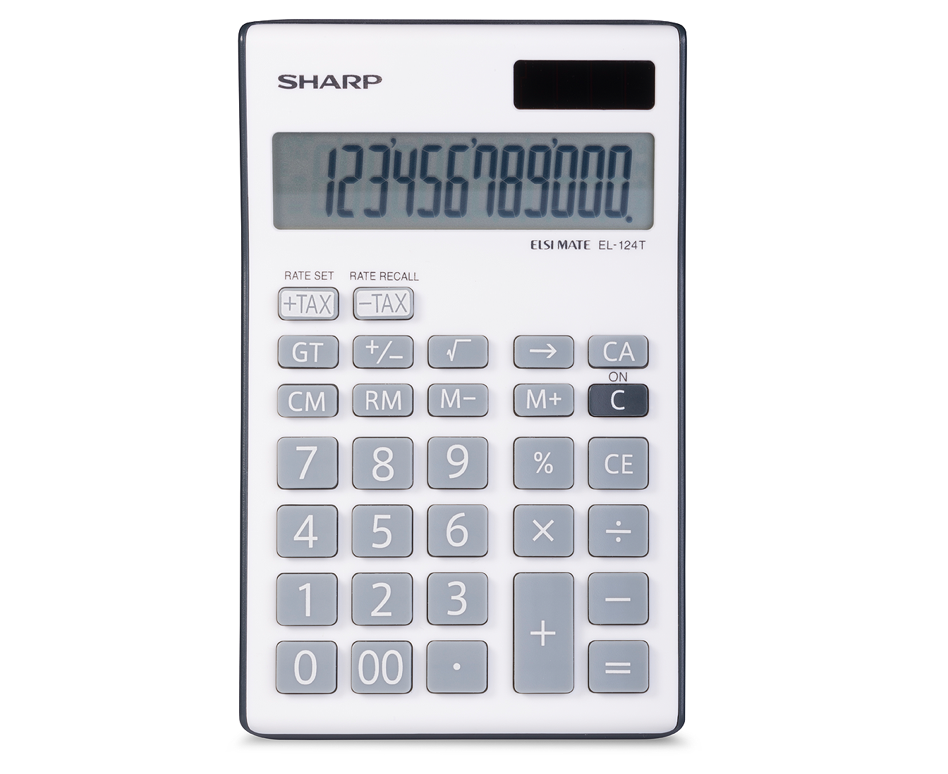 Sharp EL-124TGY 12-Digit Desktop Calculator in white and grey with large LCD display.