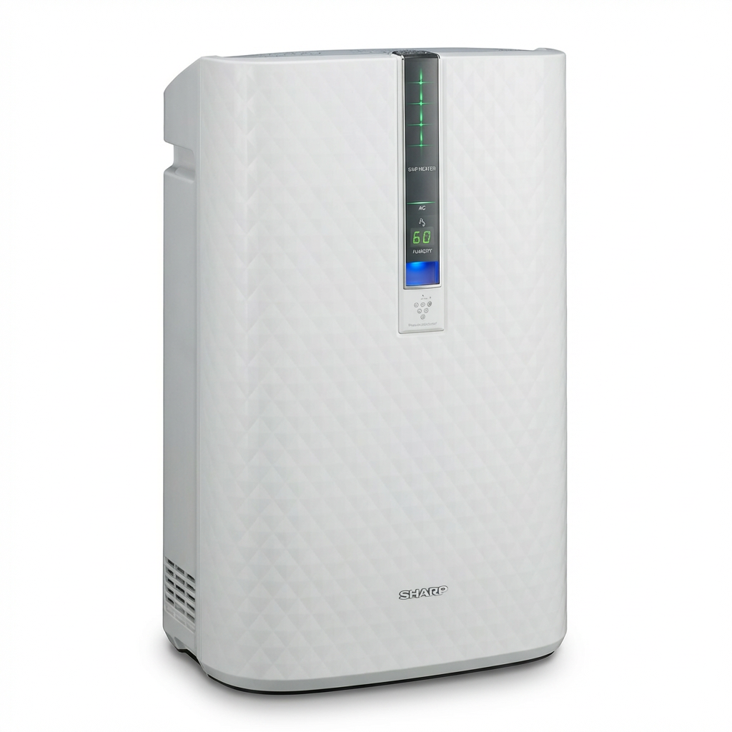 A photorealistic studio product photograph of the white SHARP KC850U Air Purifier, angled to show its left side and front on a pure white background with a soft natural shadow.