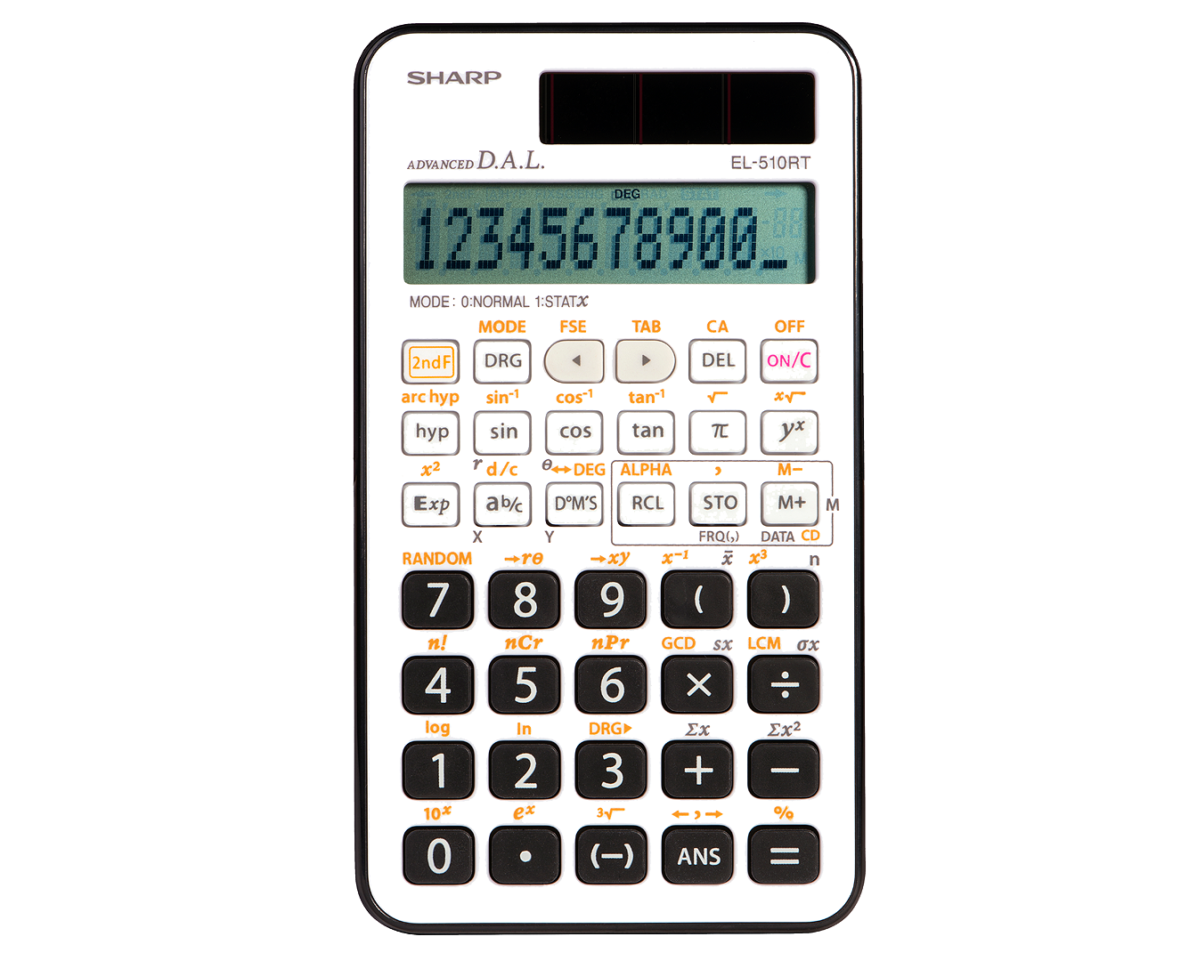Sharp EL-510RT white scientific calculator featuring a solar power panel and clear numeric display.