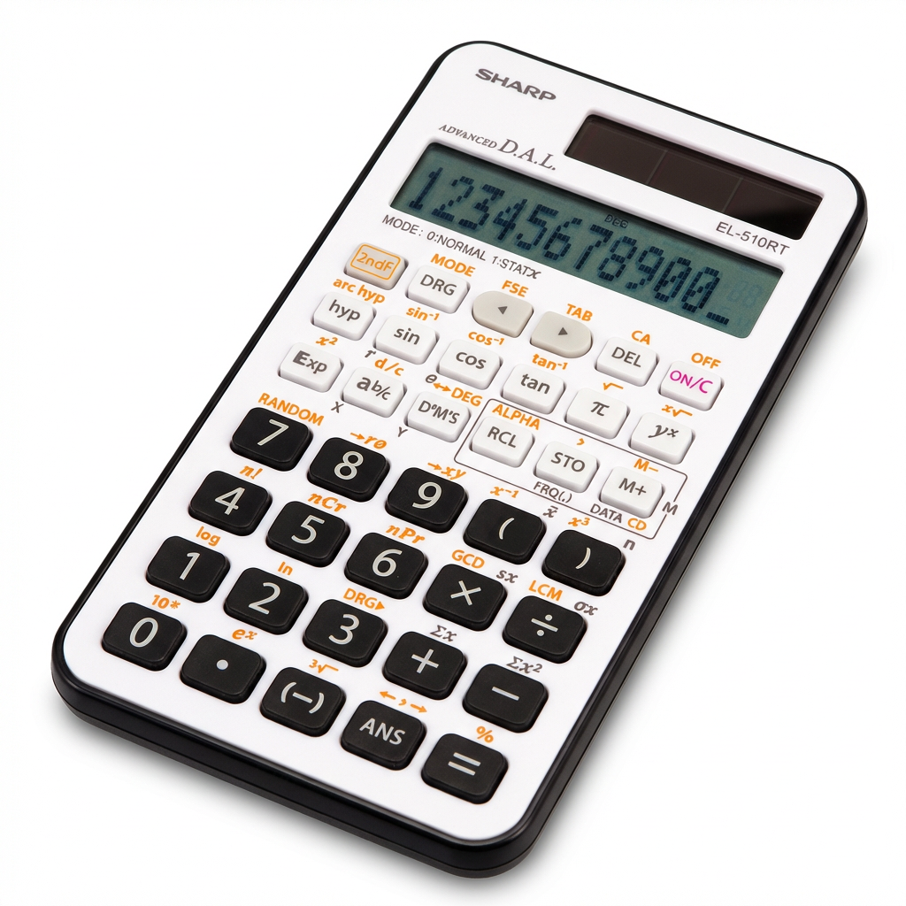 A photorealistic studio product shot of the Sharp EL510RT calculator, angled to show its left side on a pure white background with a soft, natural shadow. The display shows '12345678900_'.