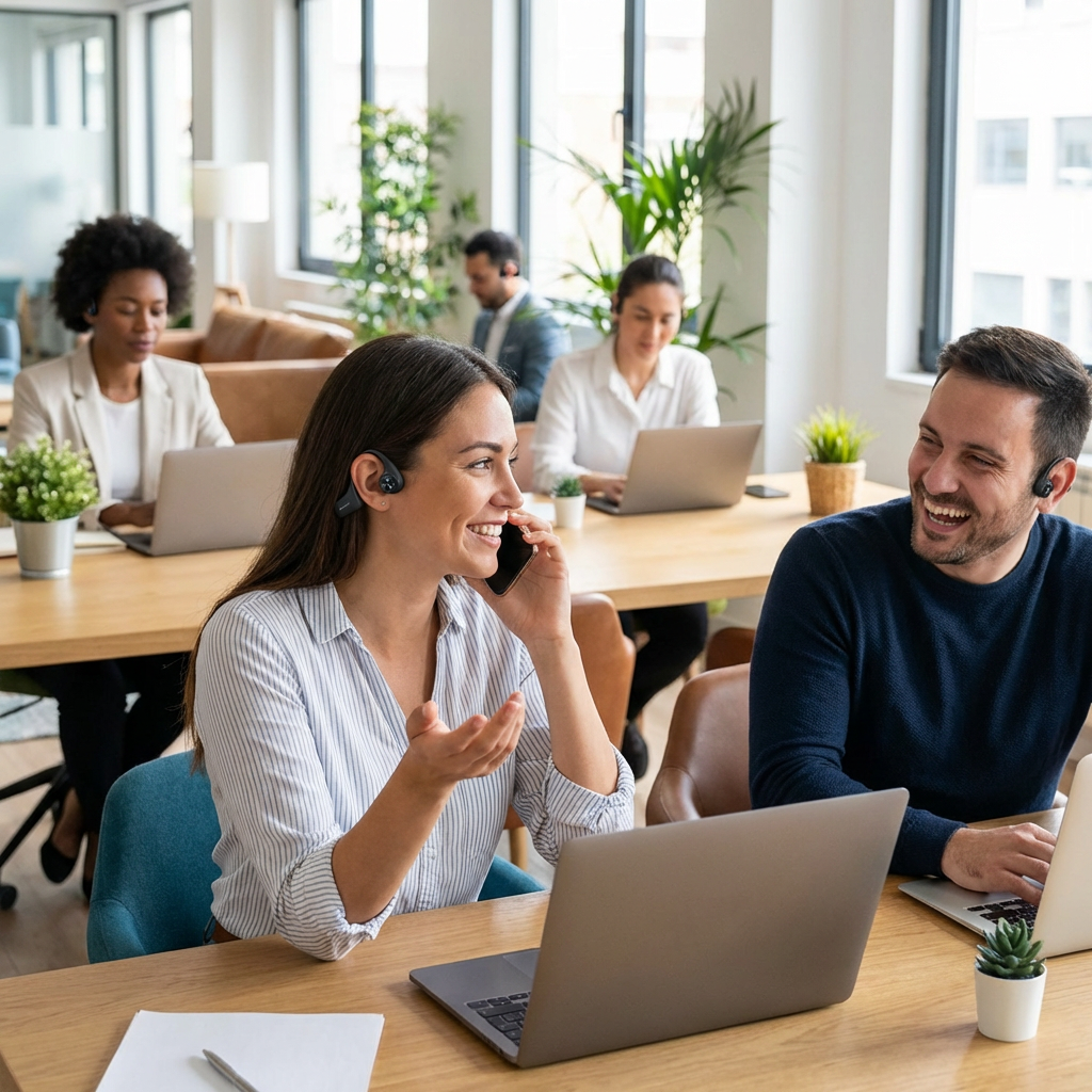 A photorealistic lifestyle photograph of a bustling modern office where several employees are happily using the black SHARP HP-BC55 bone conduction headphones for calls and collaboration.