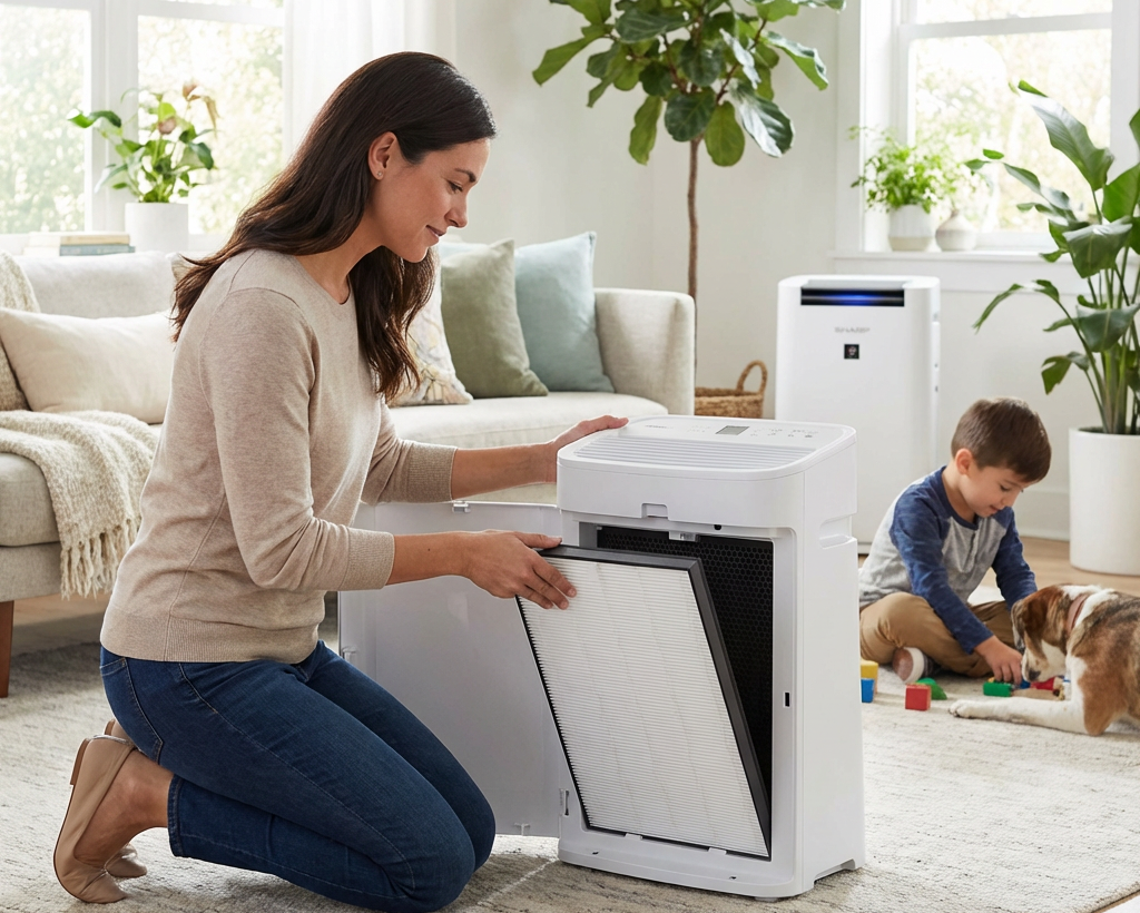 A woman installs the SHARP FZF60 HFU HEPA filter into a SHARP FPF60UW air purifier in a sunlit home.