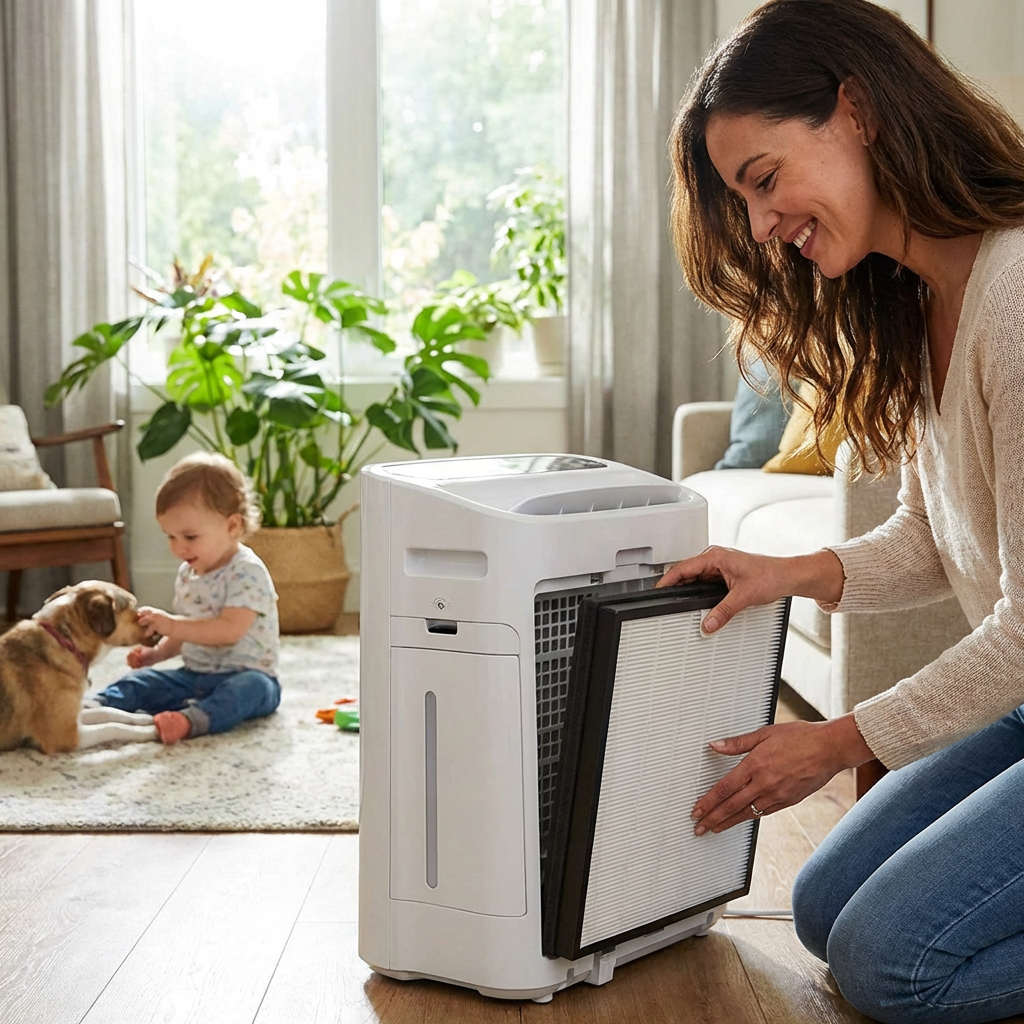 A woman smiles as she replaces the SHARP FZC100HFU HEPA filter in her SHARP KC850U air purifier in a sunlit living room.