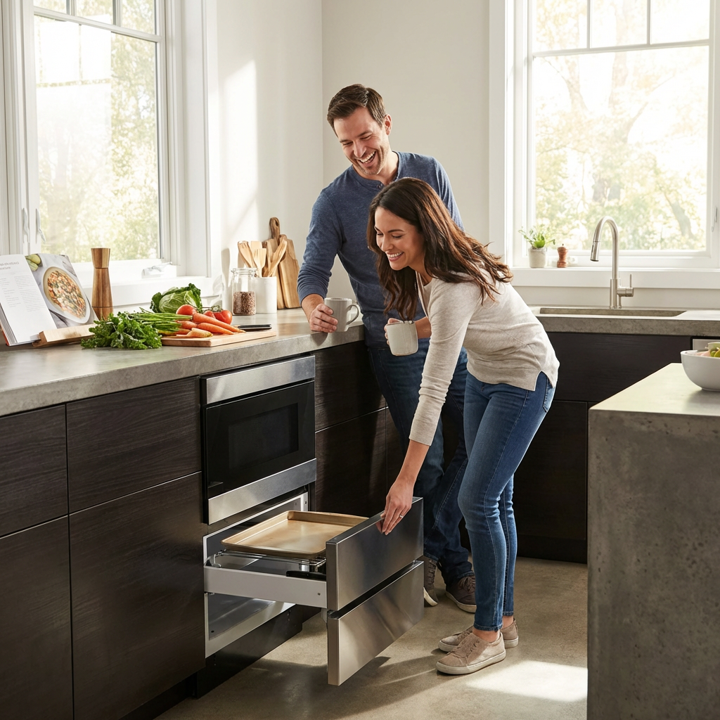 A couple happily uses the SHARP Drawer Pedestal and microwave in their modern, naturally lit kitchen.