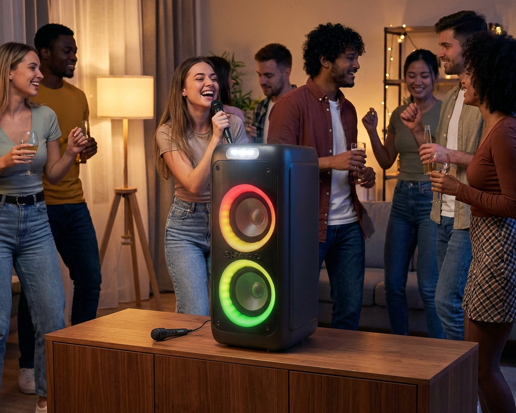 A group of young friends enjoying a lively house party with the Sharp PS-949 party speaker, with one person singing into the microphone.