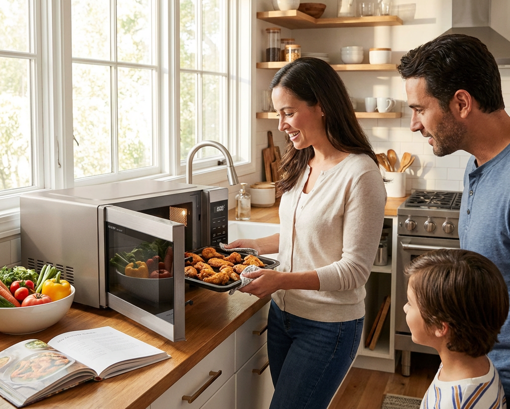 A photorealistic lifestyle photo showing a family using the Sharp microwave in a bright kitchen.
