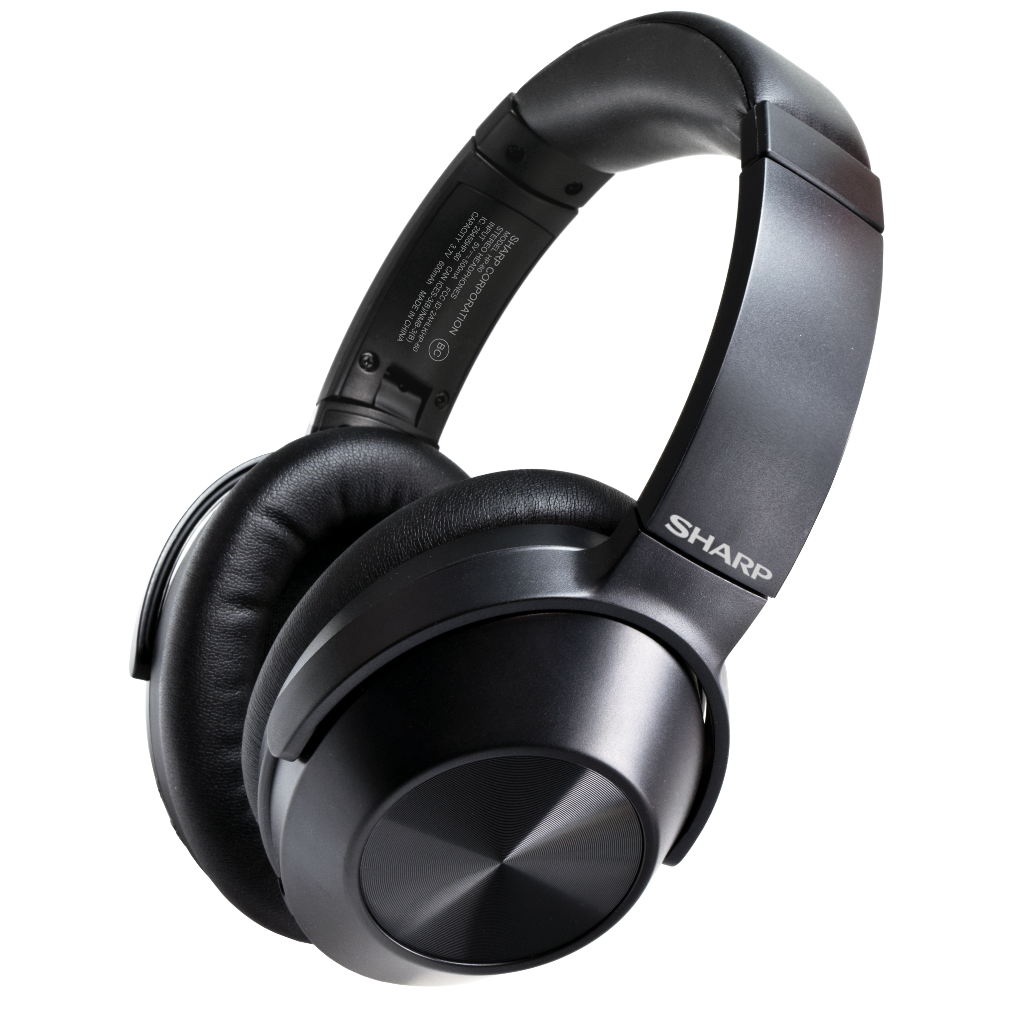 Sharp HP-60 black wireless noise-canceling headphones with padded headband and metallic ear cups.