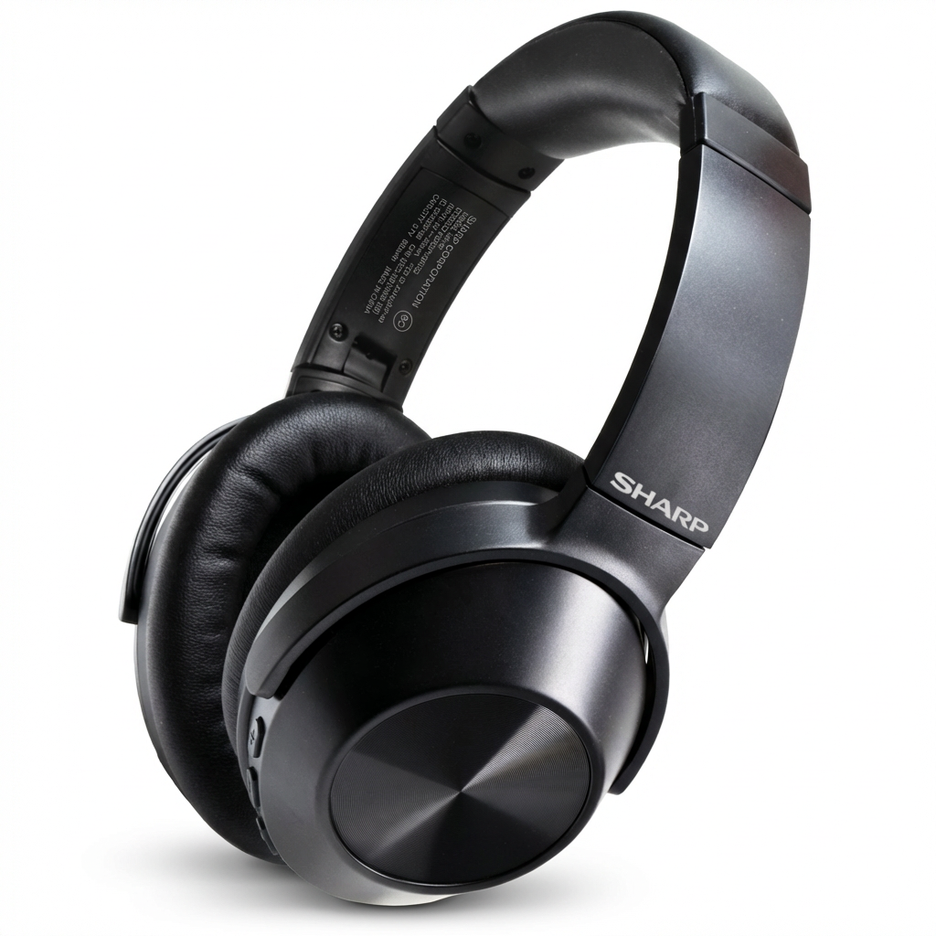 A studio photograph of the black SHARP HP-60 wireless headphones, angled to show the left side on a white background.