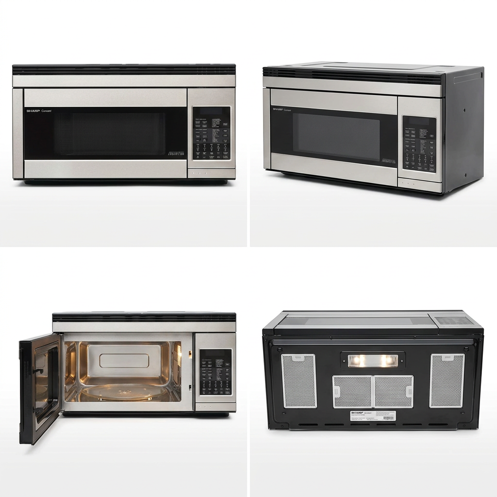 A four-panel matrix showing the SHARP R1874TY microwave from various angles: front view, three-quarter view, front view with the door open, and a bottom view showing the vents and lights.