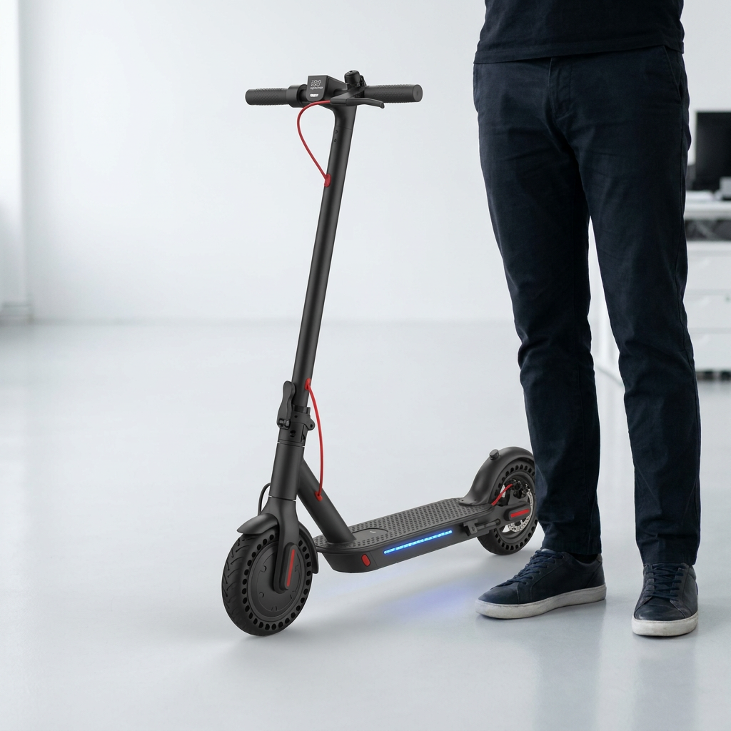 The black Sharp S7 electric scooter is shown standing on a light gray floor next to a man's legs in dark pants and sneakers, providing a clear scale reference.