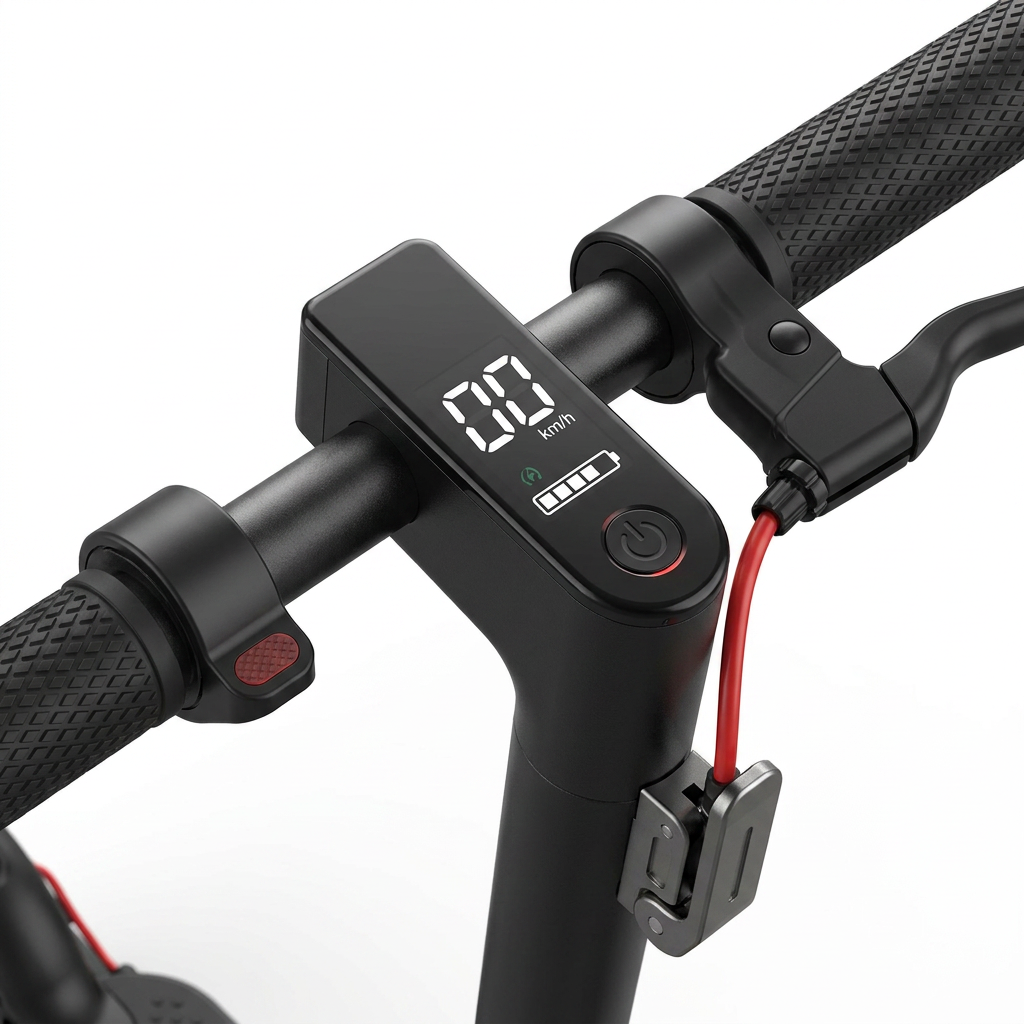 A close-up view of the SHARP S7 scooter's handlebar controls and digital display.