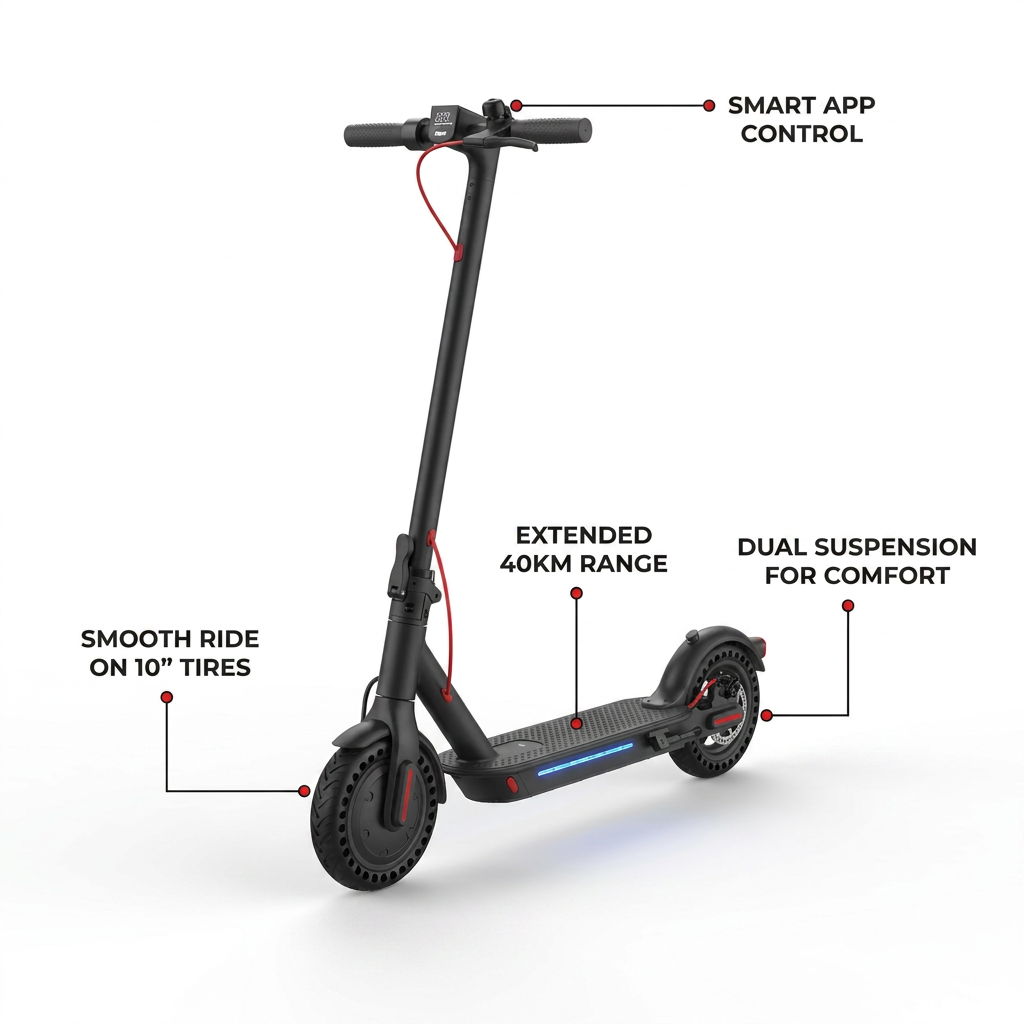 A polished ecommerce feature graphic on a white background, showing the Sharp S7 Electric Scooter from image_0.png. Four clean red pointer lines with white labels call out its key features: "SMOOTH RIDE ON 10" TIRES" pointing to the front wheel, "EXTENDED 40KM RANGE" pointing to the deck, "DUAL SUSPENSION FOR COMFORT" pointing to the rear suspension, and "SMART APP CONTROL" pointing to the handlebar display. The overall aesthetic is clean, professional, and brand-aligned.