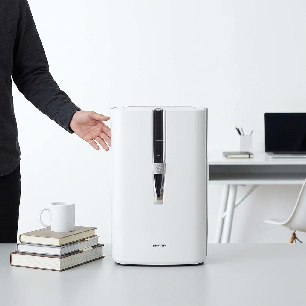 A person's hand is shown next to the SHARP KC860U air purifier, which is placed on a surface with books and a mug for scale.