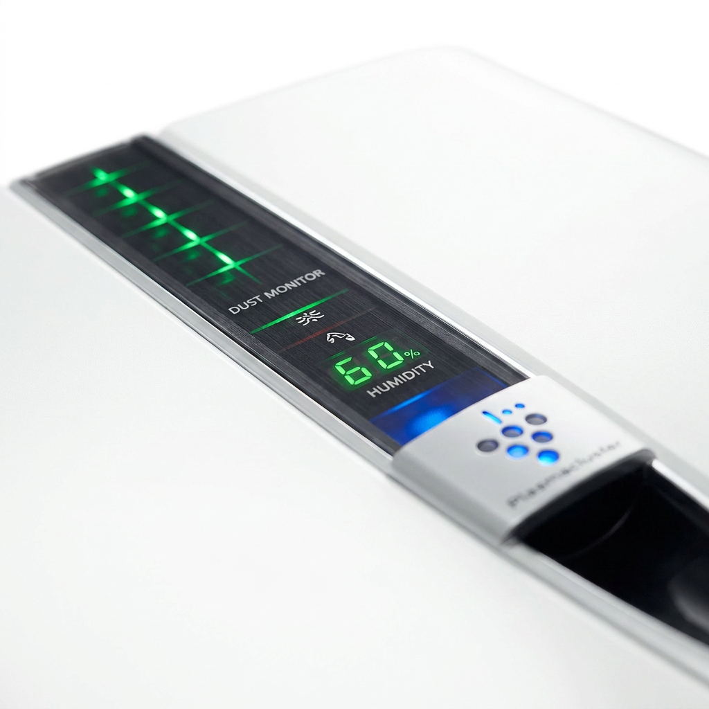 A macro photography shot focusing on the sleek, illuminated control panel and digital display of the Sharp KC860U air purifier, highlighting its Plasmacluster technology input against a clean white background.