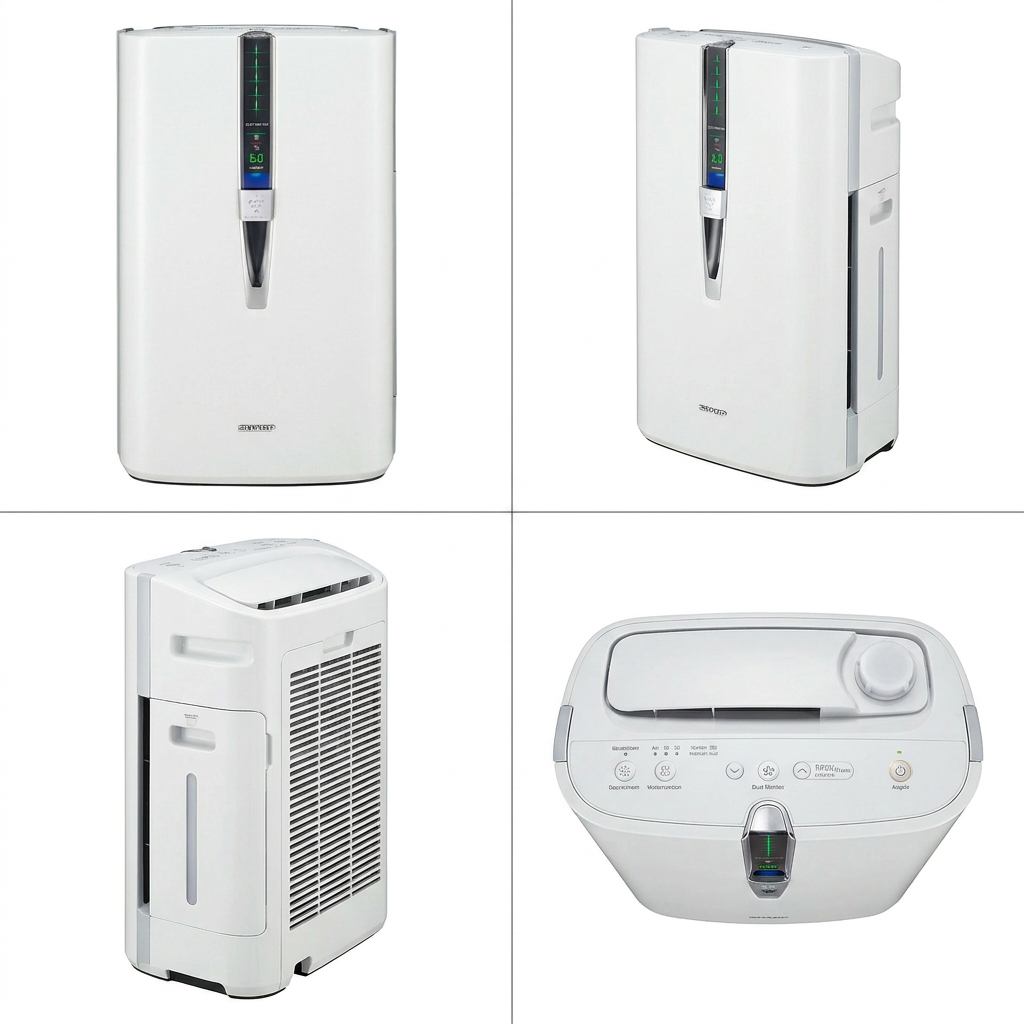 A four-panel grid shows front, side, and top angles of the white Sharp KC860U air purifier on a clean white background.