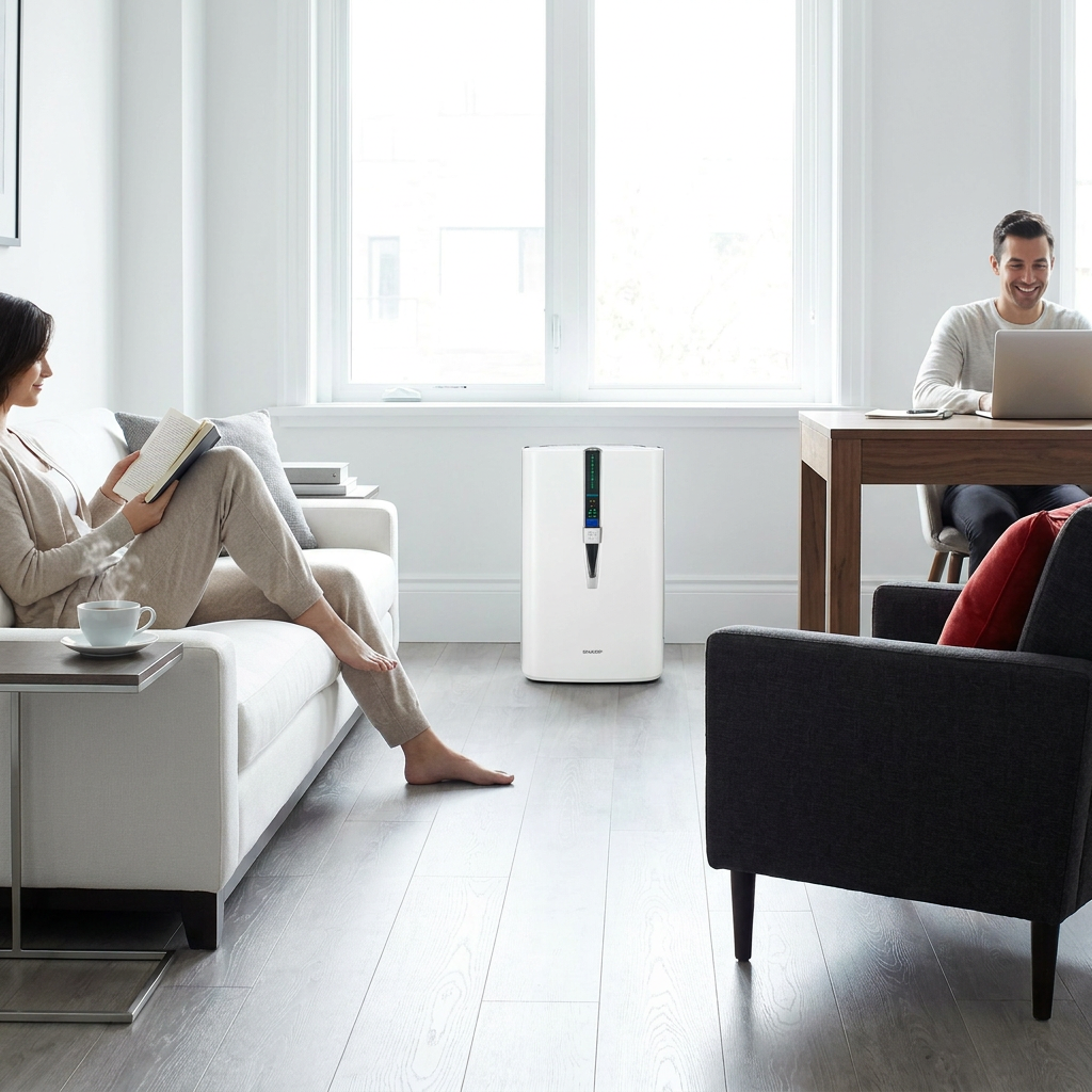 A woman reads and a man works in a sunlit, modern living room with a Sharp KC860U air purifier. The room is a minimalist white and charcoal gray with a red accent pillow. Natural light and clean design convey sophistication and trust.