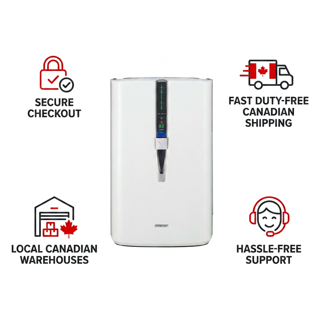 A clean, minimalist e-commerce graphic features the Sharp KC860U Air Purifier and Humidifier centered against a white background. Four surrounding icons and text build trust: "Secure Checkout" with a lock and checkmark, "Fast Duty-Free Canadian Shipping" with a truck and Canadian flag, "Local Canadian Warehouses" with a warehouse and Canadian maple leaf, and "Hassle-Free Support" with a headset on a figure, all in a black and Sharp Red color scheme.