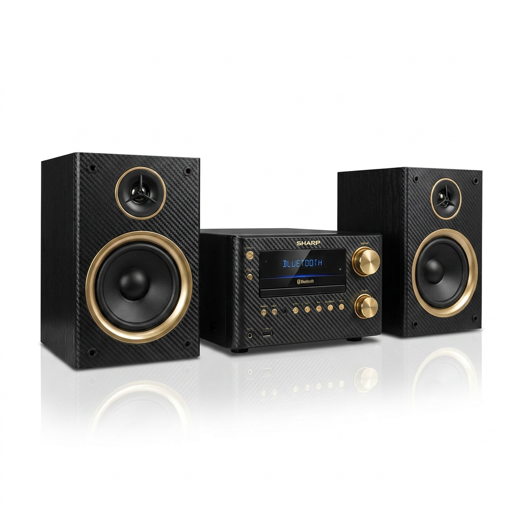 High-resolution hero image of the Sharp XL-BH250GL micro shelf system in a carbon fiber finish with gold accents, centered on a pure white background.