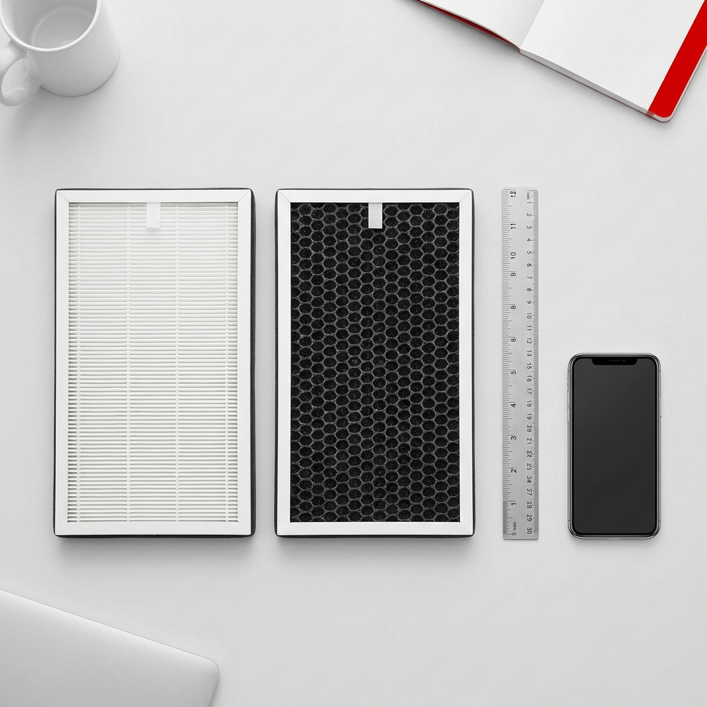 Top-down view of the Sharp FZC100DFU replacement filter kit, showing the white HEPA and black deodorant filters next to a smartphone and a ruler for scale. The setting is a clean white desk with office supplies.