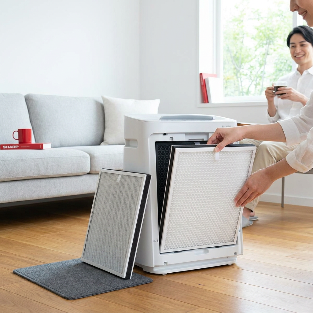 A lifestyle photograph shows a person replacing the Sharp FZC100DFU filter in a KC-850U air purifier. The user kneels on a wooden floor in a bright, modern living room, inserting a new filter into the unit. An old filter is on a mat. Another person smiles in the background, highlighting the product's ease of use and popularity. The scene adheres to the Sharp brand colors with a clean, monochrome environment and subtle red accents.