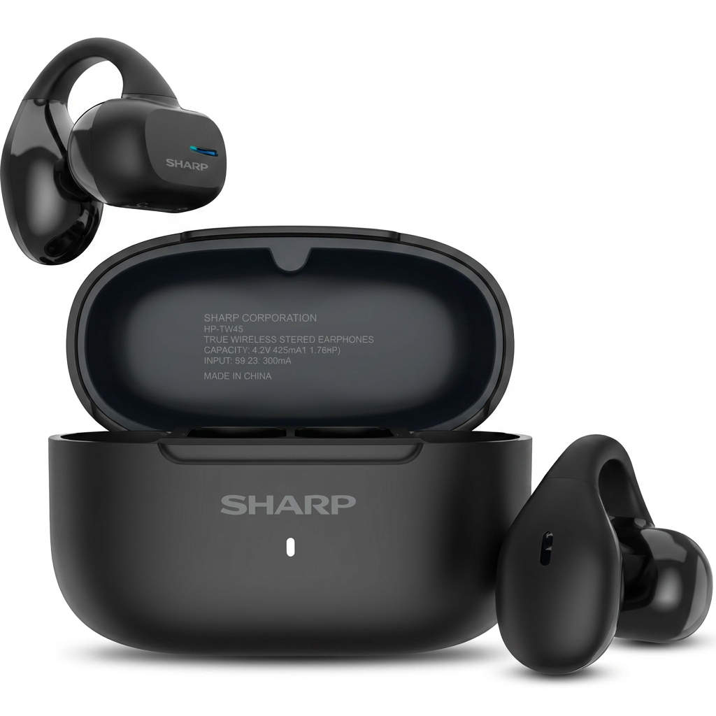 Sharp HP-TW45-BK open-ear true wireless earbuds and black charging case on white background.