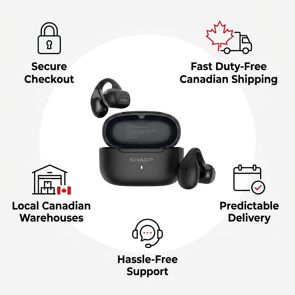 A trust and authority infographic for SHARP earbuds, featuring the product at the center. Five icons with short text encircle the earbuds on a clean white background. Clockwise from top left: "Secure Checkout," "Fast Duty-Free Canadian Shipping" (with maple leaf), "Predictable Delivery" (with calendar), "Hassle-Free Support" (with headset), and "Local Canadian Warehouses" (with Canadian flag). The color scheme is black, white, gray, and red.