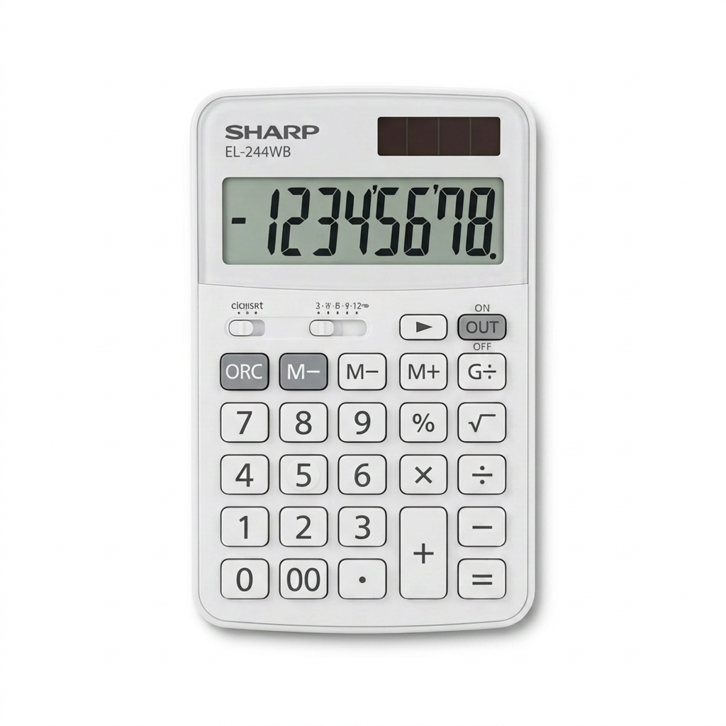 A top-down view of the white SHARP EL-244WB professional pocket calculator on a pure white background. The 8-digit LCD screen displays "-12345678". All buttons and markings are clearly visible.