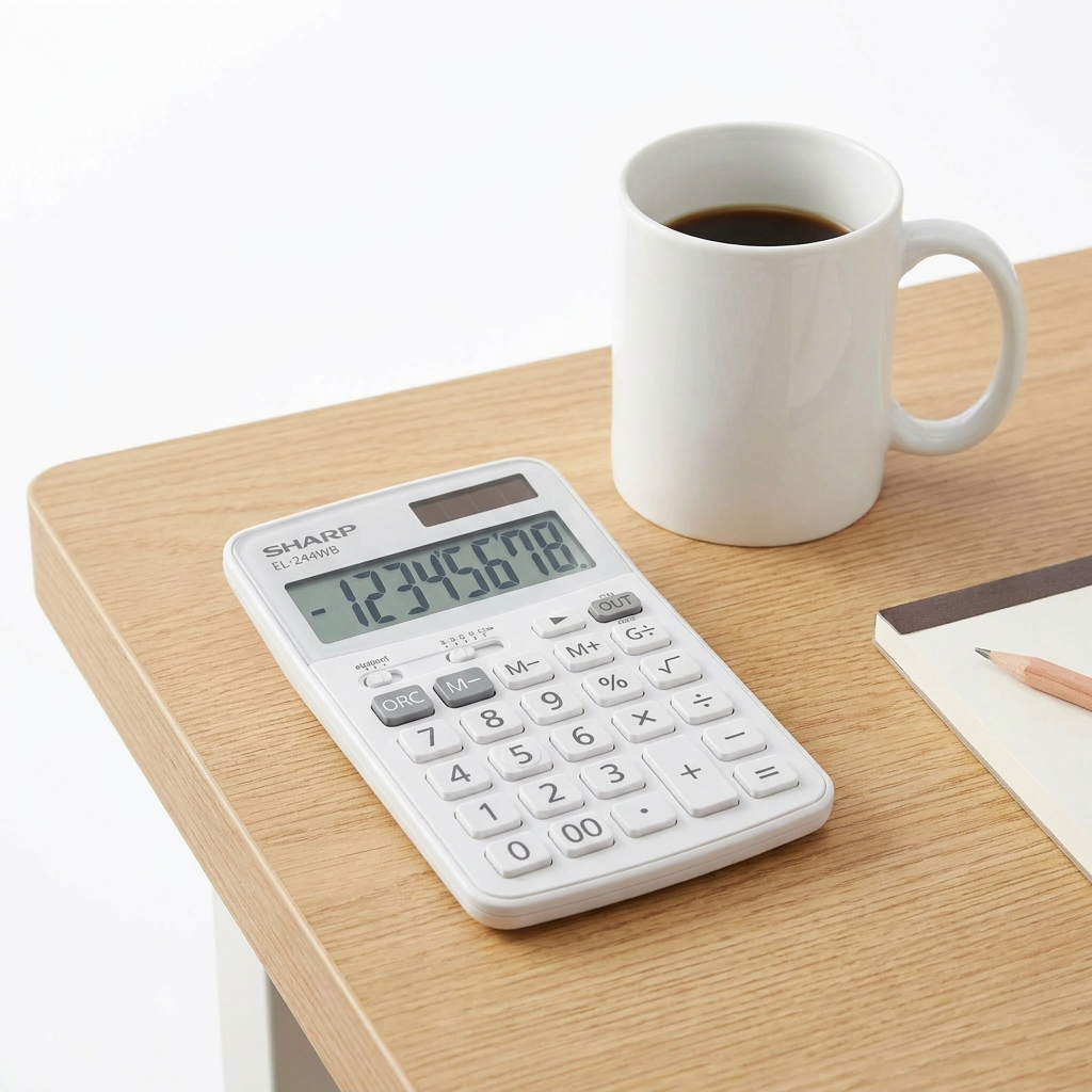 A white Sharp EL-244WB professional calculator is on a light wood desk, next to a white ceramic coffee mug for size comparison. The display shows "-12345678". The background is clean and white.