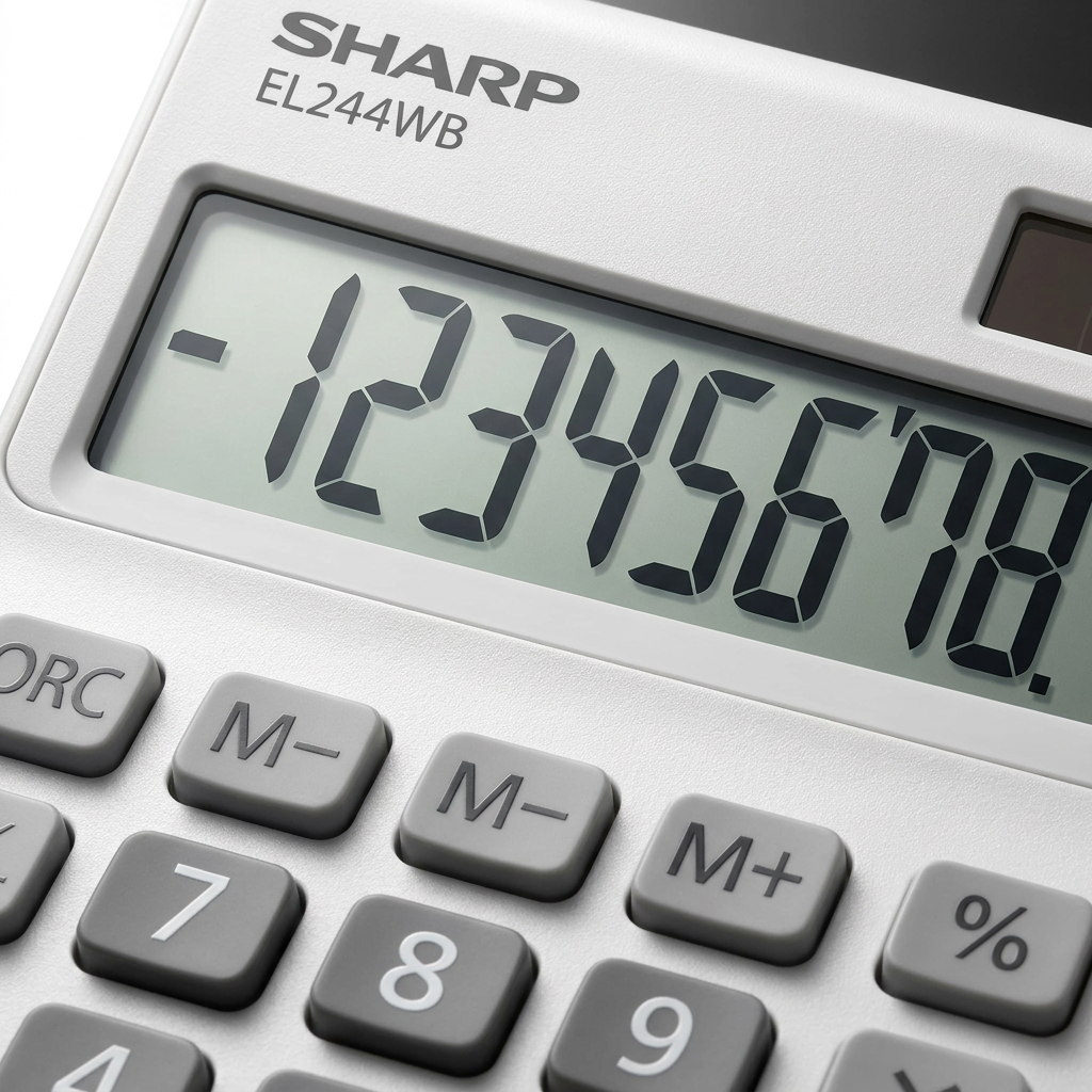 An extreme close-up photograph highlighting the extra-large 8-digit display, printed buttons, and plastic casing texture of the Sharp EL244WB professional pocket calculator.