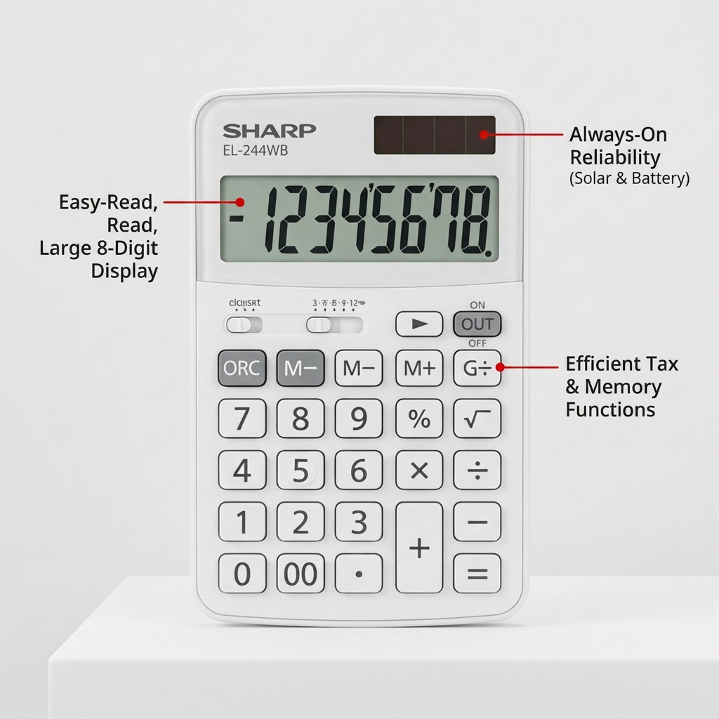 A feature callout graphic for the white Sharp EL244WB calculator, set on a light gray surface. Red lines point to the solar panel ("Always-On Reliability (Solar & Battery)"), the screen ("Easy-Read, Large 8-Digit Display"), and the key area ("Efficient Tax & Memory Functions"). The text is black and short.