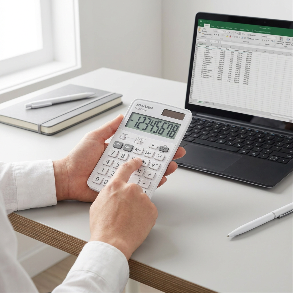 A close-up of a person using the Sharp EL244WB calculator at a desk.