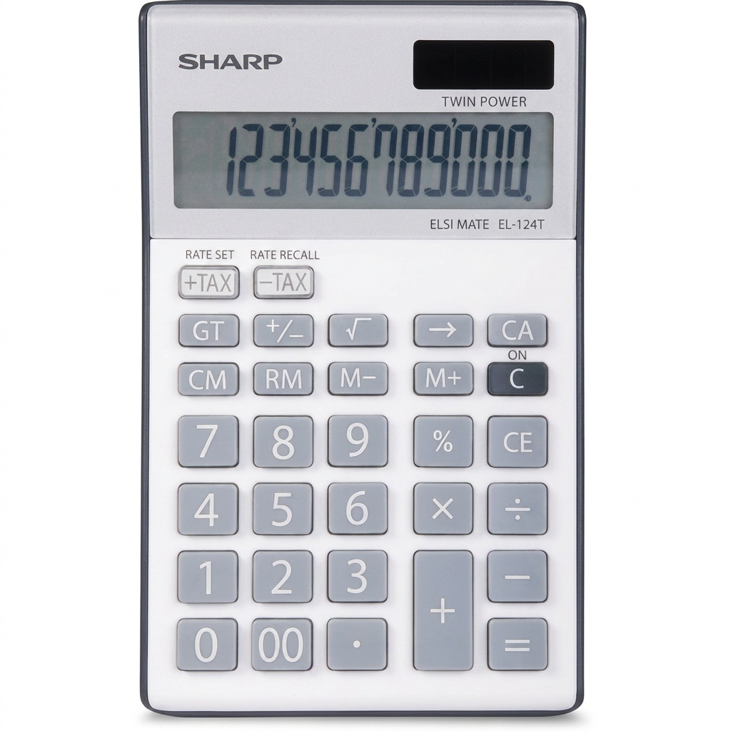 High-resolution hero shot of the SHARP EL124TBGY Twin Power 12-digit desktop calculator. It is grey and white with a large display showing "123456789000" on a clean white background with a soft shadow.