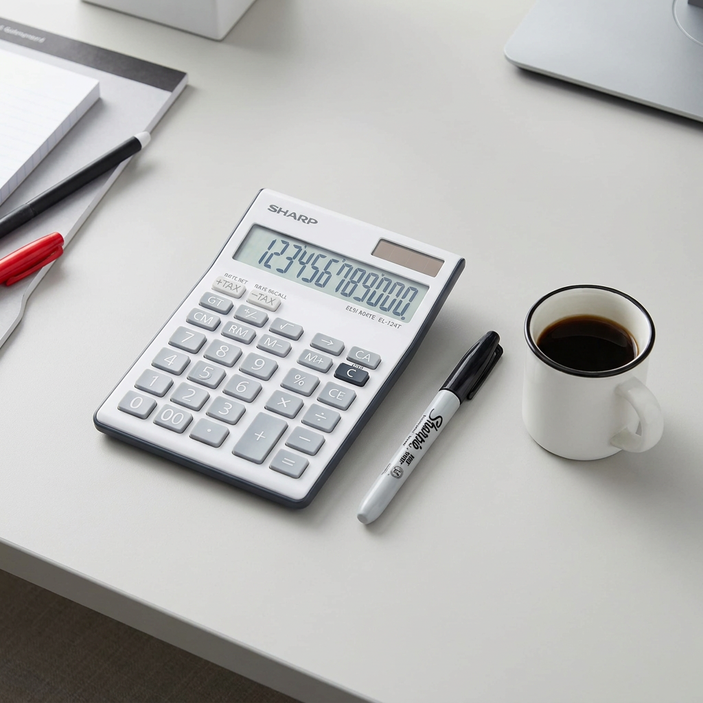 The Sharp EL124TBGY desktop calculator is shown on a desk beside a coffee mug and a Sharpie marker for scale reference.